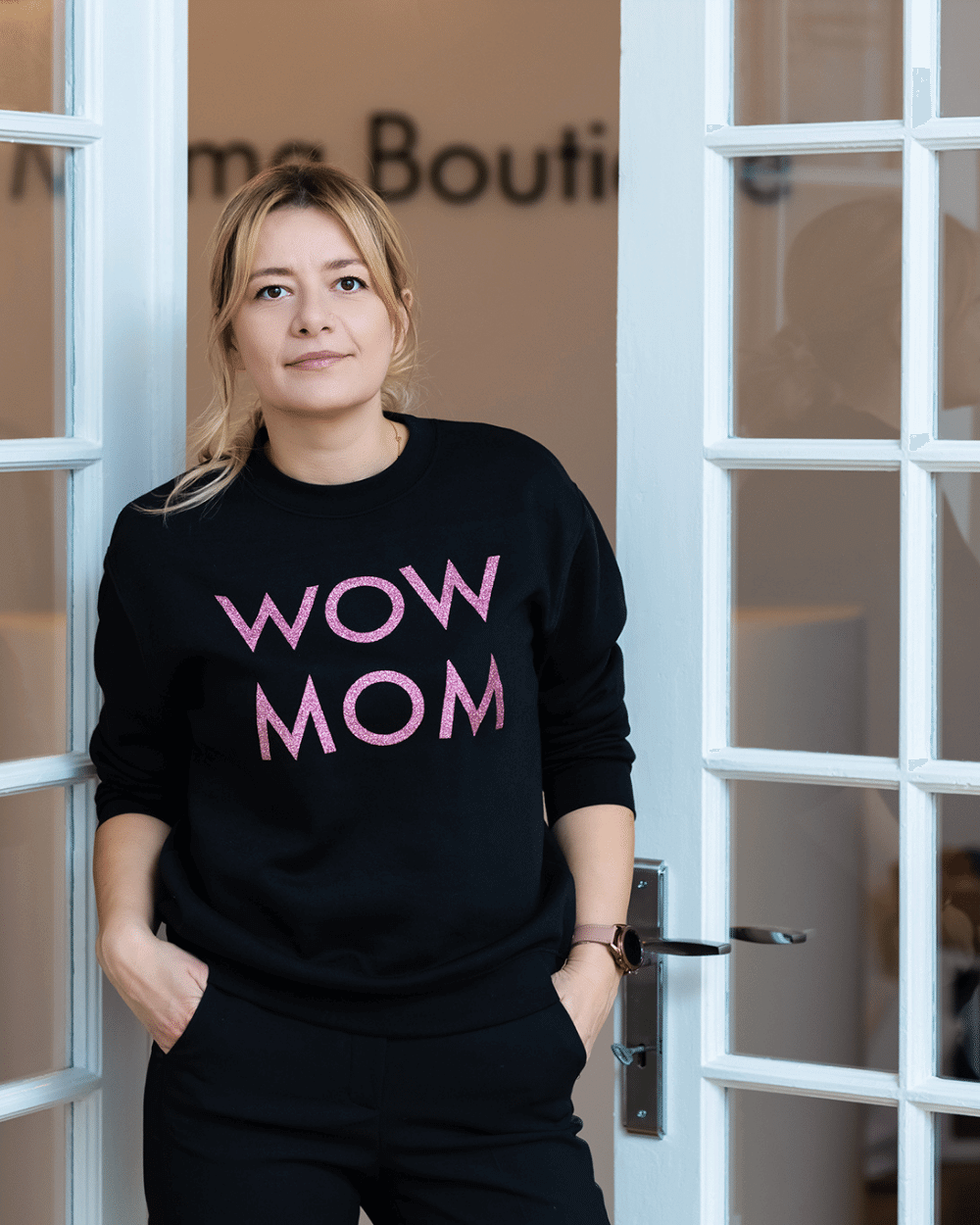 Bluza WoW MoM® negru cu mesaj Glitter Roz Mama Boutique